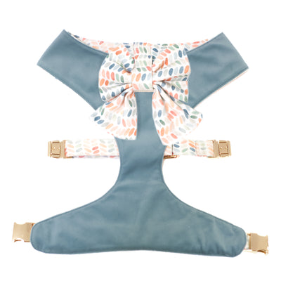 Reversible dog harness in cornflower blue with polka dot sailor bow