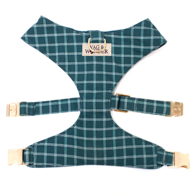 Teal windowpane reversible dog harness with gold hardware
