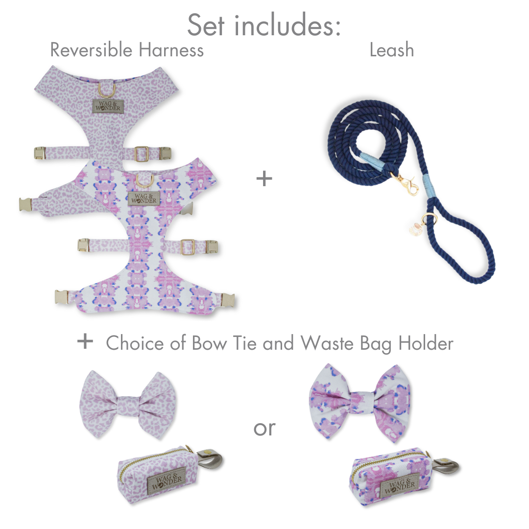 French Lavender Reversible Dog Harness + Bow Tie Walk Set
