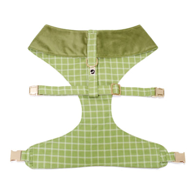 Top/back view of a reversible dog harness in spring green velvet and windowpane plaid