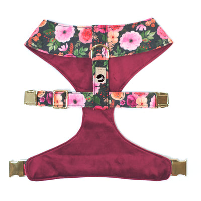 Top back view of reversible dog harness in floral and burgundy velvet