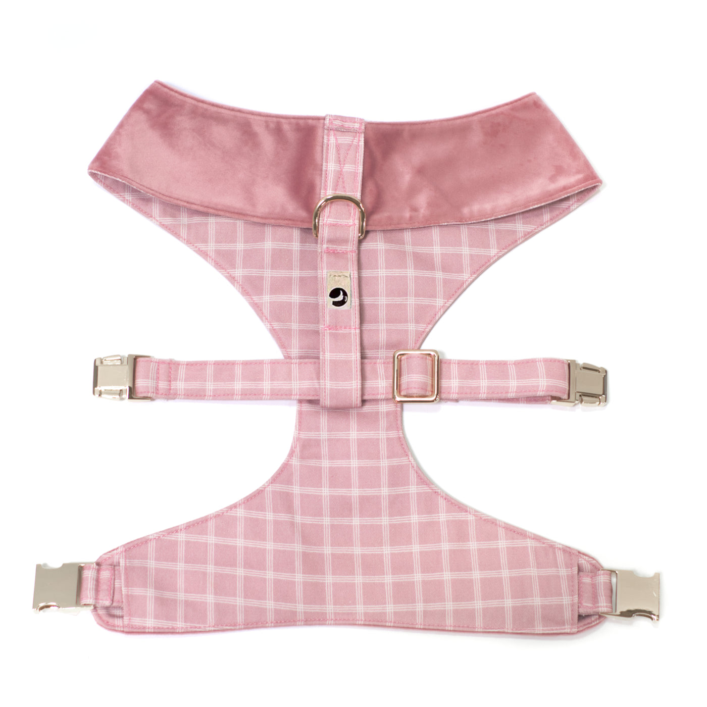 Wag & Wonder reversible dog harness in pink velvet and plaid shown from top/back