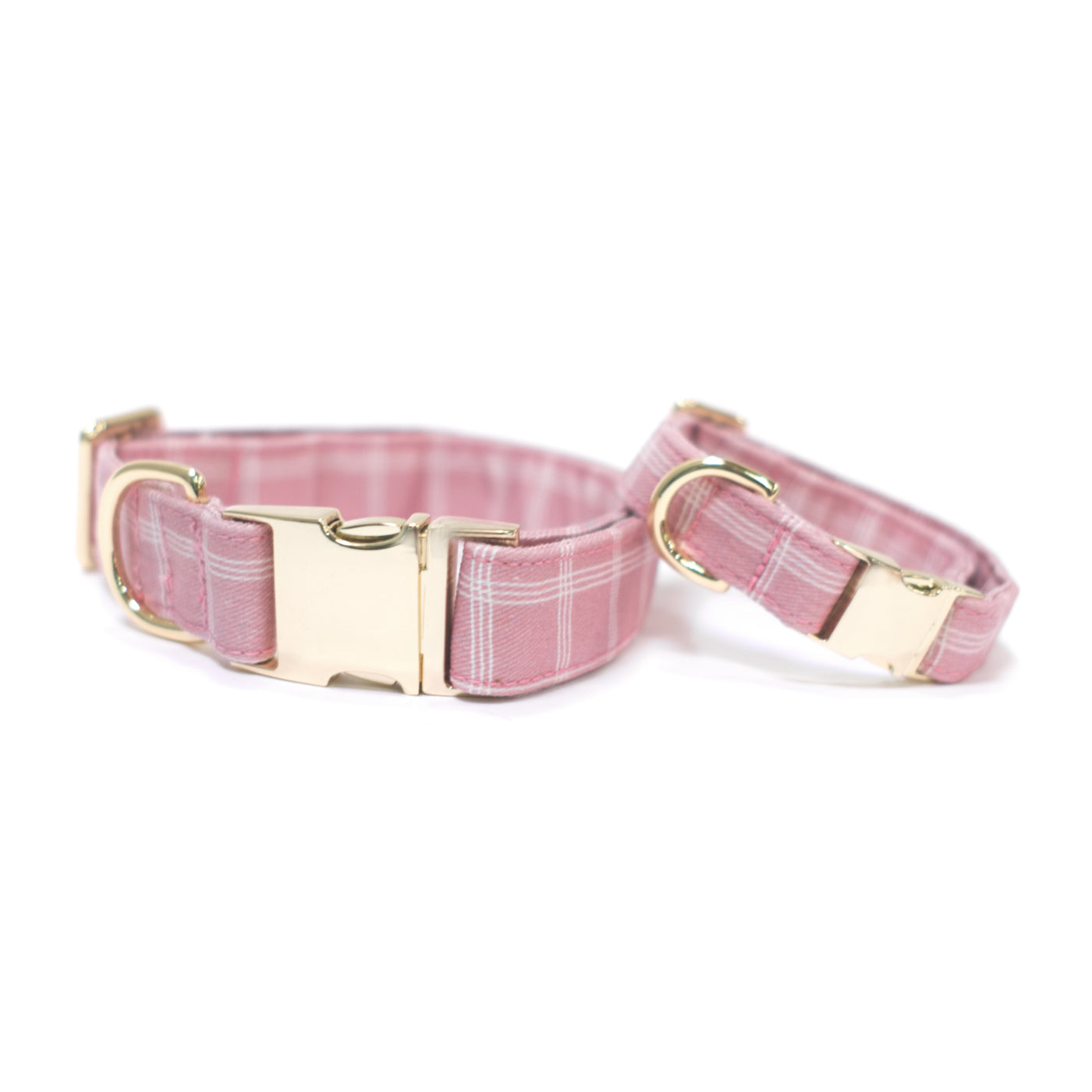 Light pink triple windowpane plaid dog collars with gold hardware in small and large