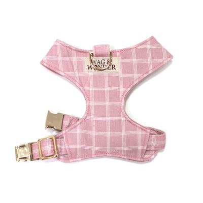 Pink triple windowpane plaid dog harness with gold buckle in size XS
