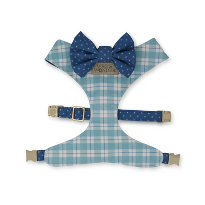aqua & blue plaid reversible dog harness with star print blue dog bow tie