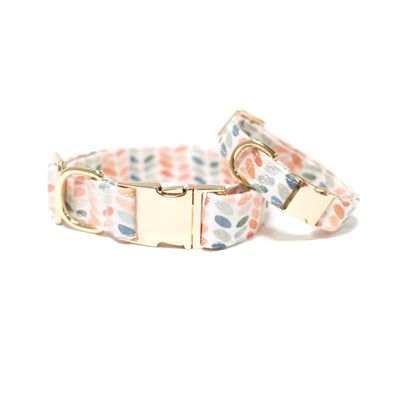 Classic dog collar with watercolor dot print in fall colors with gold buckle.