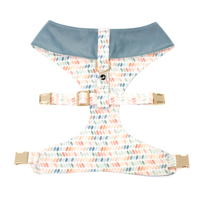 Dusty blue velvet harness from top/back with coordinating multi-color dot print reverse.