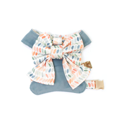 Reversible dog harness in blue velvet with dot print sailor bow in size XS.