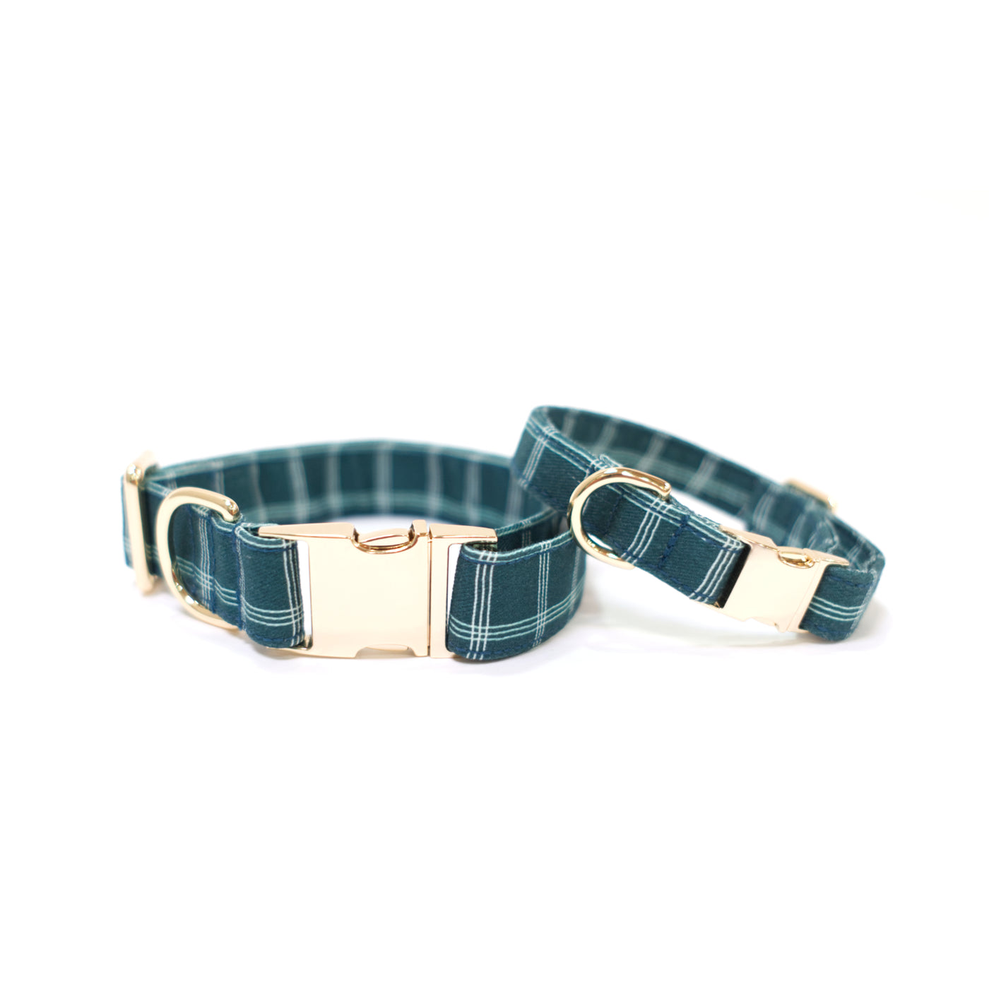 Dark teal windowpane plaid dog collar with gold hardware shown in two sizes