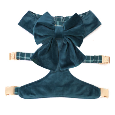 Dark teal velvet reversible dog harness with sailor bow and gold hardware