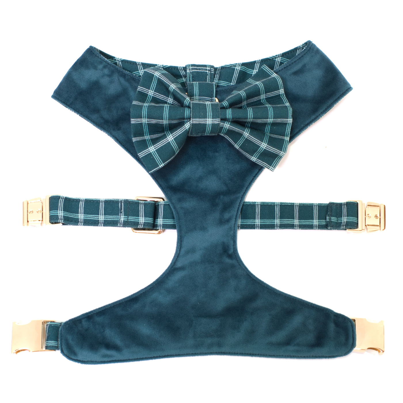 Teal velvet reversible dog harness with coordinating windowpane plaid bow tie and gold hardware