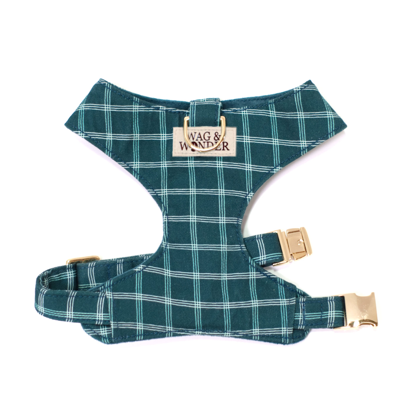 XS reversible dog harness in teal plaid print with gold hardware.