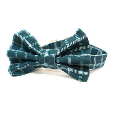 Windowpane plaid dog collar with classic dog bow tie in dark teal, gold hardware