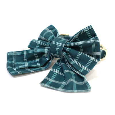 Classic dog collar with sailor bow and gold hardware in dark teal triple windowpane print