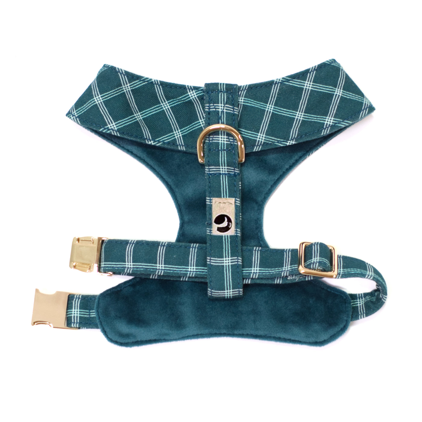 Dark teal reversible dog harness in windowpane plaid shown from top/back, size XS