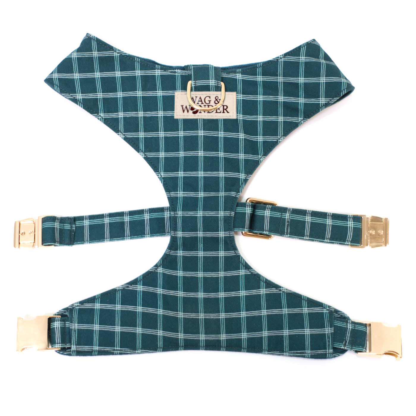 Teal windowpane plaid reversible dog harness with gold hardware