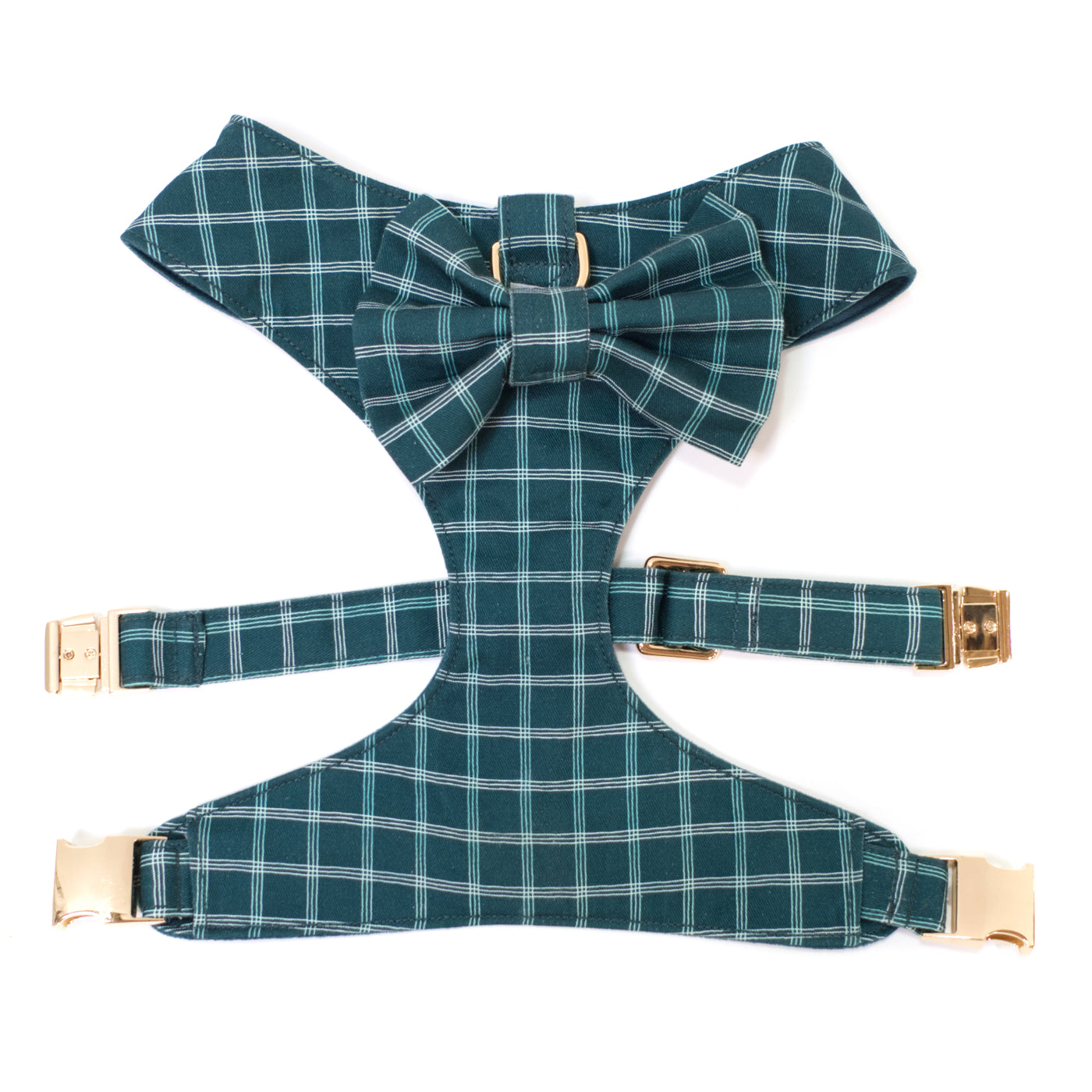Teal windowpane plaid reversible dog harness with bow tie and gold hardware