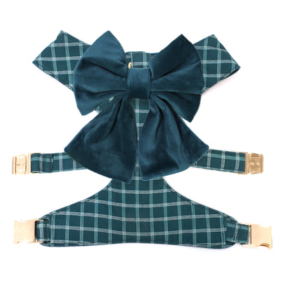 Windowpane plaid reversible dog harness with gold hardware and dark teal velvet sailor bow