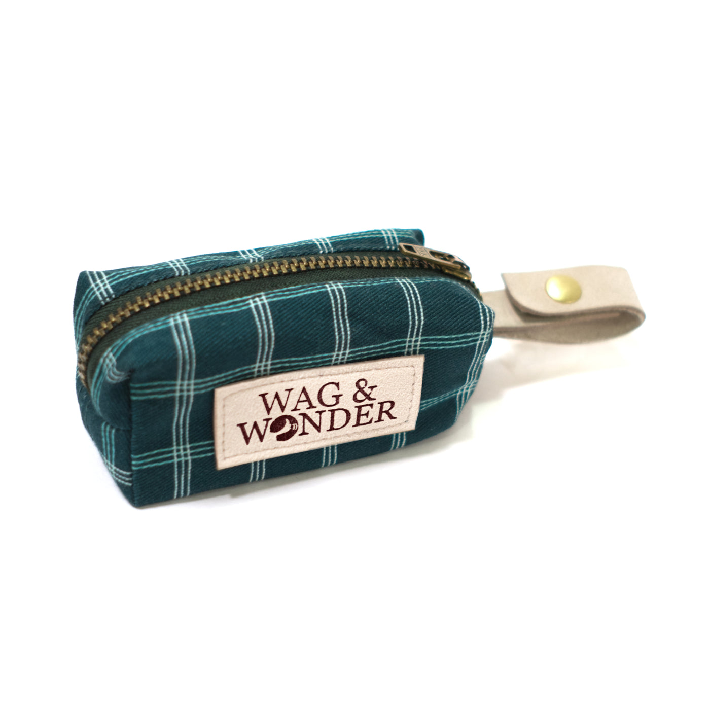 Dog poop bag holder in dark teal windowpane plaid with vegan leather snap loop for leashes