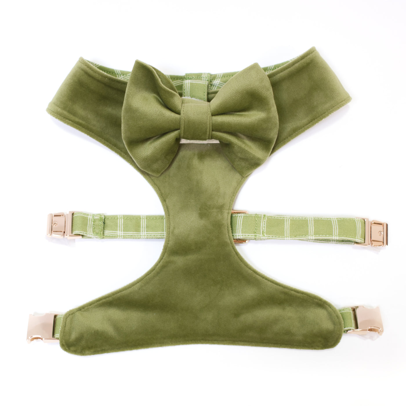 Olive green velvet reversible dog harness with gold hardware and removable bow tie