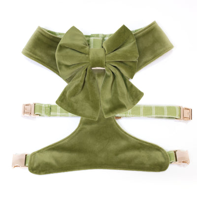 Moss green velvet reversible dog harness with gold hardware and removable sailor dog bow