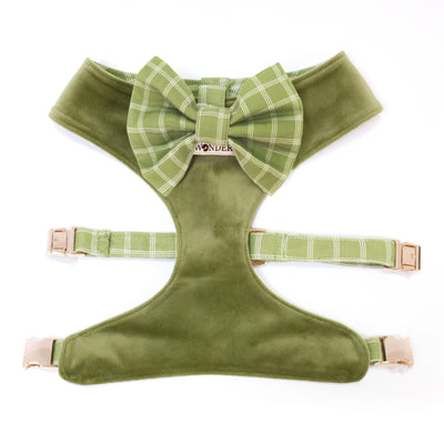 Moss green velvet reversible dog harness with gold hardware and removable windowpane plaid bow tie