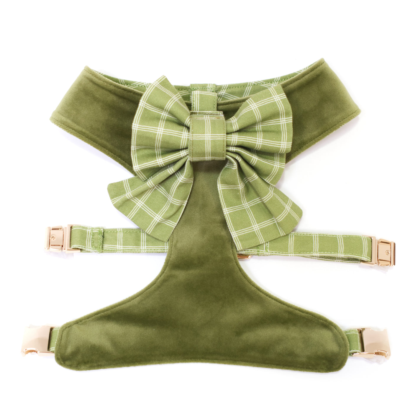 Moss green velvet dog harness with gold hardware and removable plaid sailor dog bow