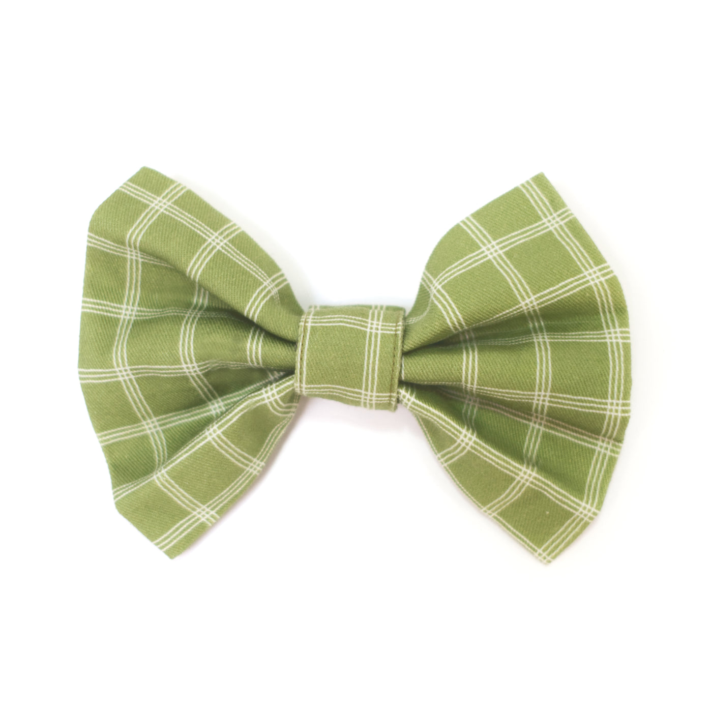 Dog bow tie in moss green plaid that can be worn on collar or harness
