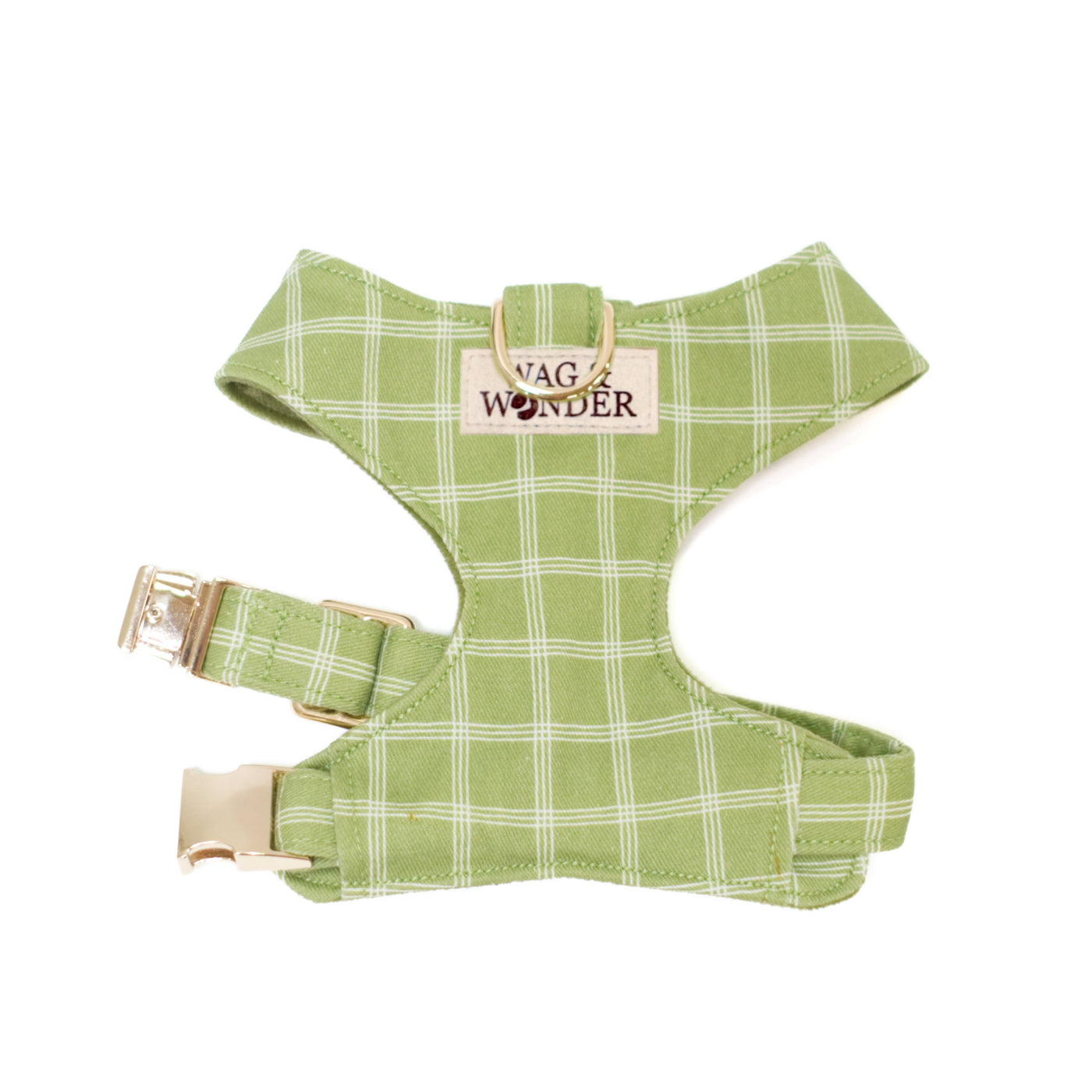 Olive green plaid dog harness with gold hardware show in size XS