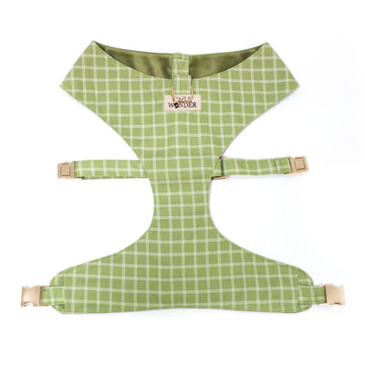 Meadow green triple windowpane plaid reversible dog harness with gold hardware