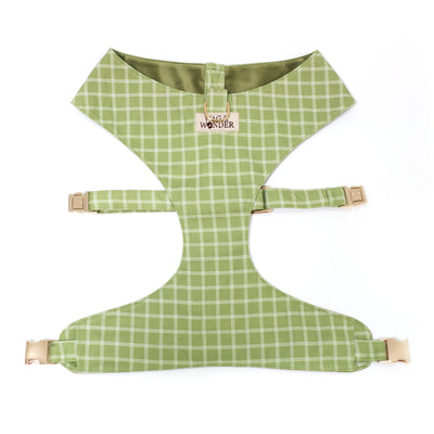 Light green windowpane plaid dog harness with gold hardware