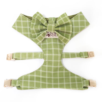 Light green triple windowpane plaid reversible dog harness and removable bow tie