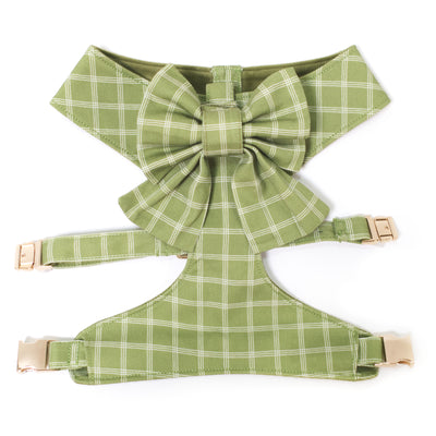 Spring green triple windowpane plaid reversible dog harness with gold hardware and removable sailor dog bow