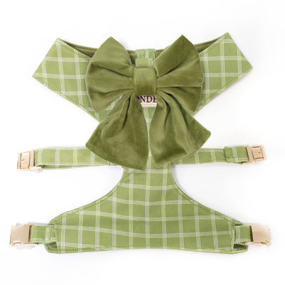 Spring green triple windowpane plaid dog harness with gold hardware and removable velvet sailor dog bow