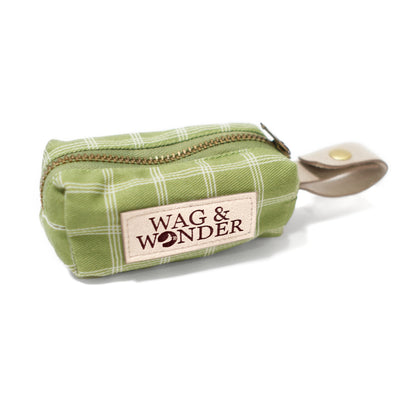 Moss green windowpane plaid dog waste bag holder with vegan leather strap for leash