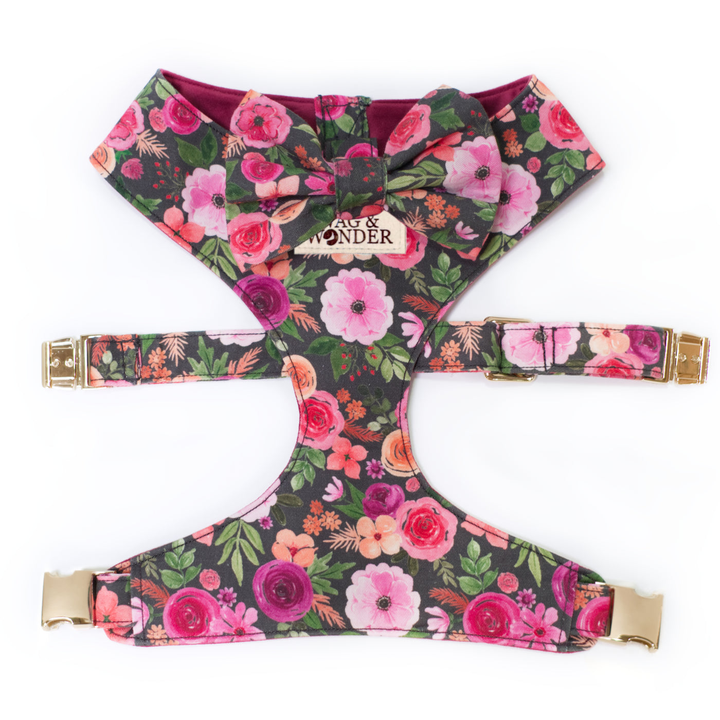 Pink, purple & orange floral reversible dog harness with gold hardware and classic dog bow tie