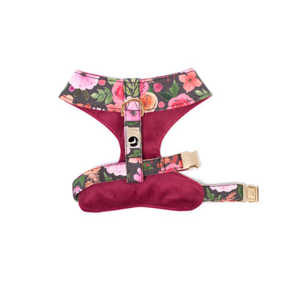 Top/back view of XS reversible dog harness in pink floral and burgundy velvet