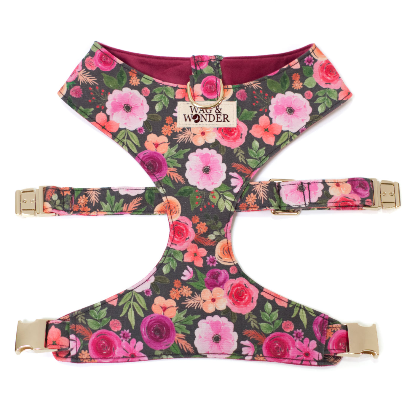 Watercolor floral dog harness in shades of pink, purple and coral with gold hardware