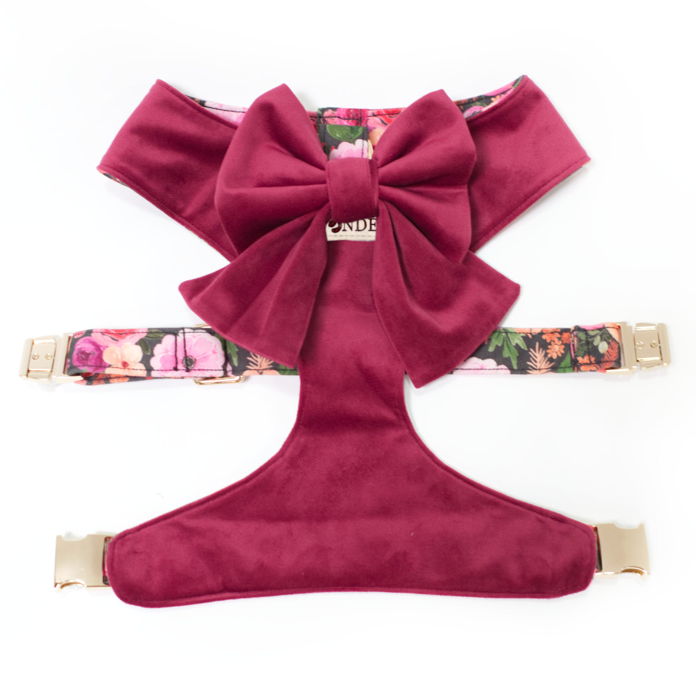 Wine colored velvet reversible dog harness with gold hardware and sailor dog bow