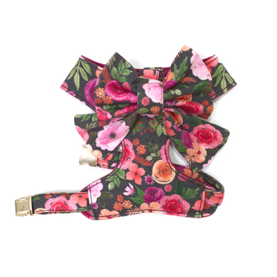 Pink, orange & purple floral reversible dog harness and sailor bow in size XS
