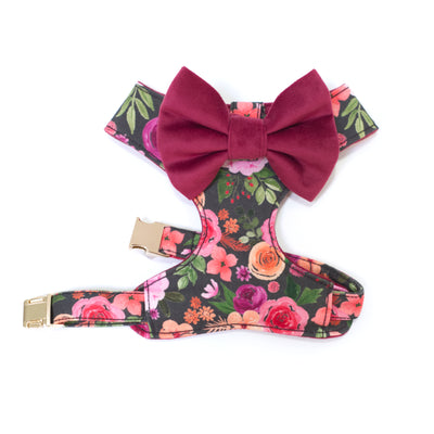 Extra small reversible dog harness in pink floral with wine colored velvet bow tie