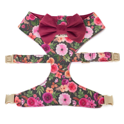 Pink purple and coral floral reversible dog harness with gold hardware and wine velvet bow tie