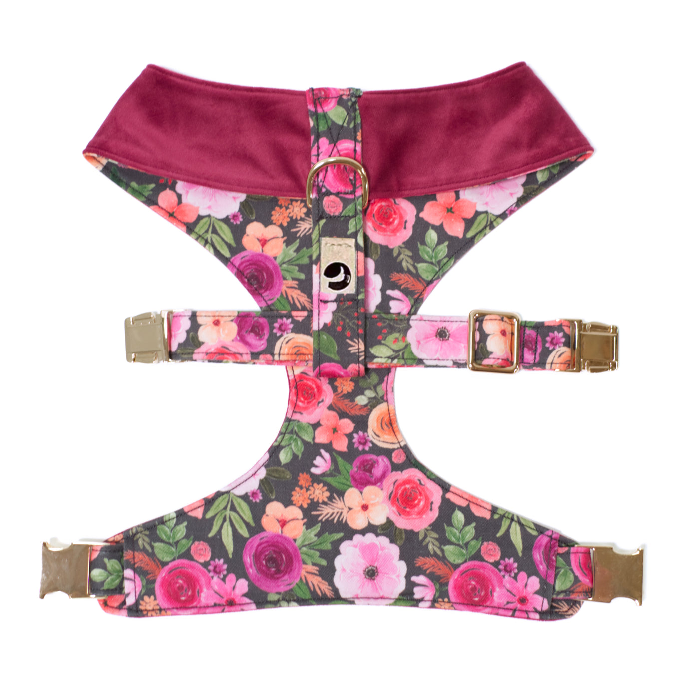 Top/back view of wine colored velvet and floral reversible dog harness with gold hardware
