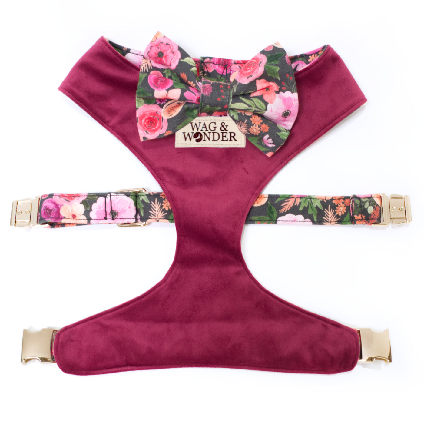 Wine velvet reversible dog harness with gold hardware and pink floral dog bow tie