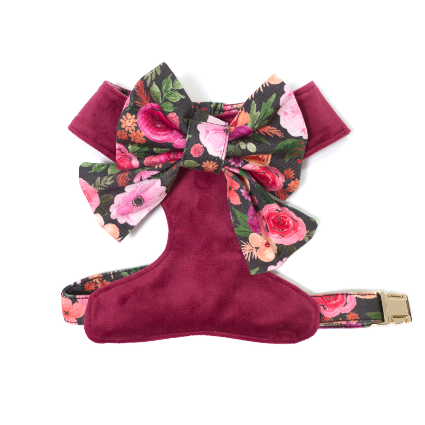 Reversible dog harness in wine velvet with floral sailor bow shown in size XS