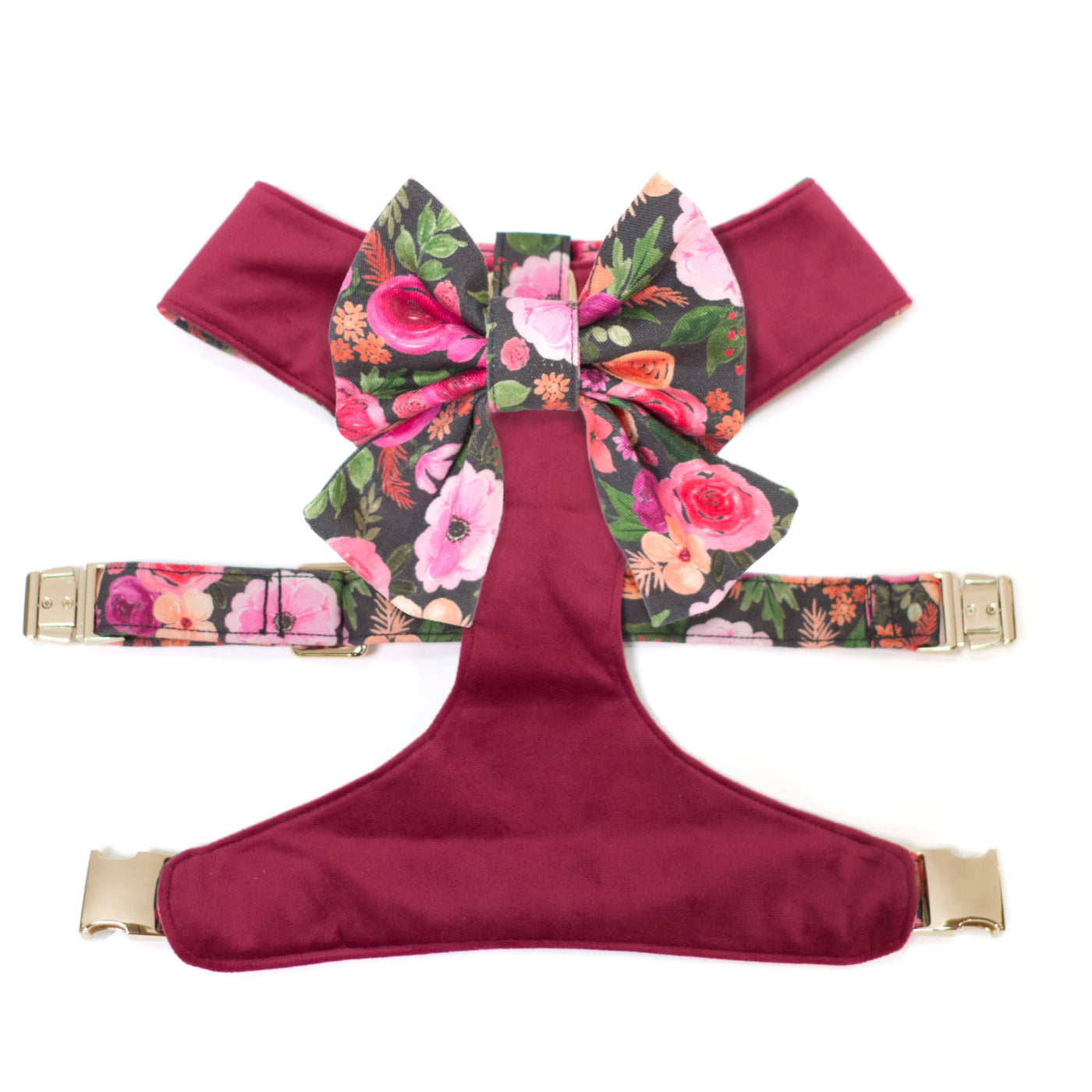 Burgundy velvet reversible dog harness with floral sailor dog bow and gold hadware