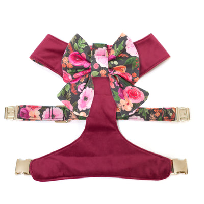 Burgundy velvet reversible dog harness with floral sailor dog bow and gold hadware