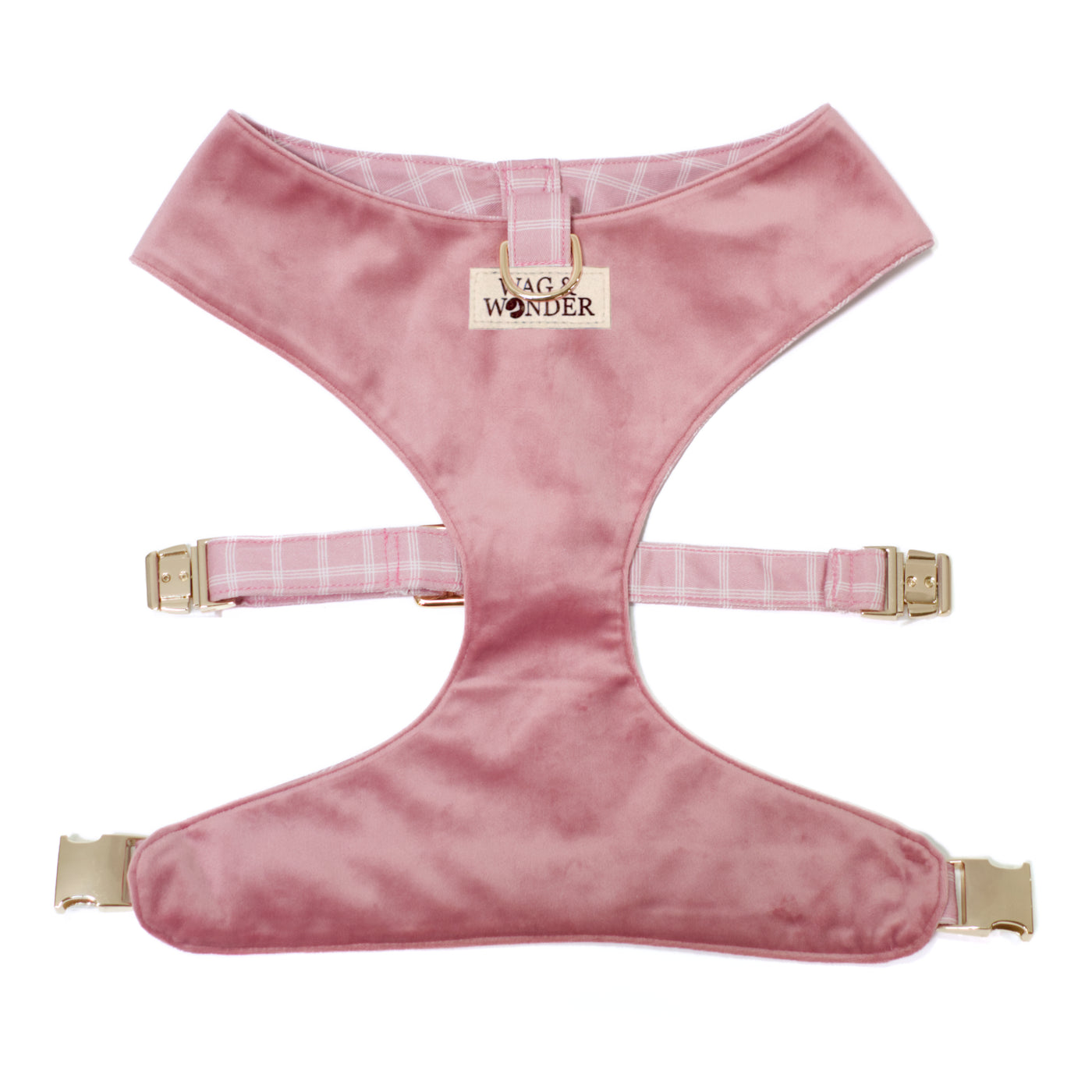 Pink velvet reversible dog harness with gold hardware