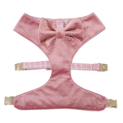 Millennial pink velvet reversible dog harness with bow tie