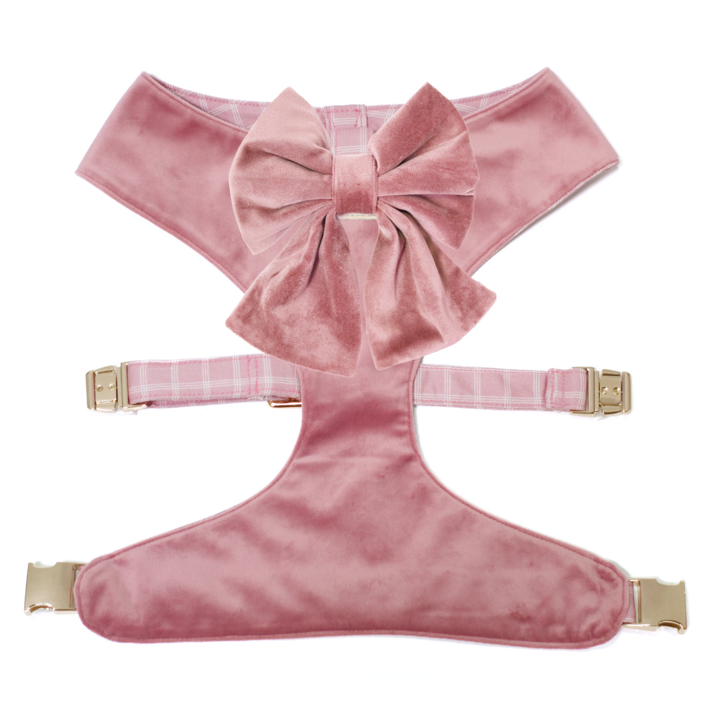 Rose pink blush velvet reversible dog harness with gold buckles and sailor dog bow